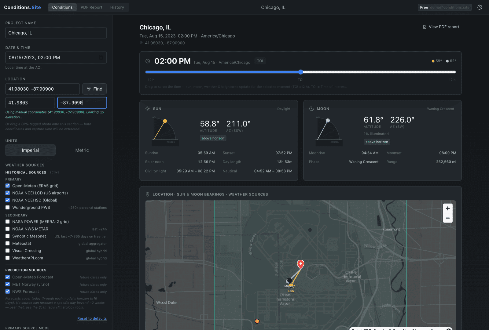 The Conditions.Site workspace showing sun and moon positions, weather sources, and a location map for a chosen place and time.